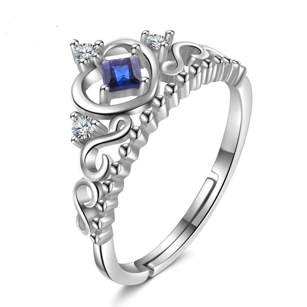 Crown Wedding Ring Princess Cut Sapphire Gemstone 925 Sterling Silver