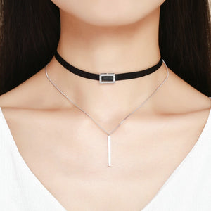 Double Layer 925 Sterling Silver & Black Braid Bar Square Chokers