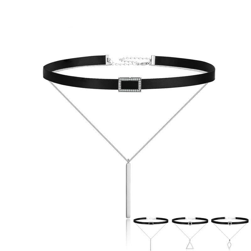 Double Layer 925 Sterling Silver & Black Braid Bar Square Chokers