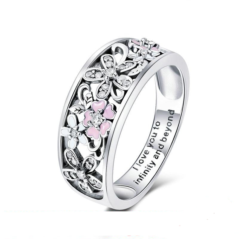 925 Sterling Silver Daisy Flower & Infinity Love Pave Finger Ring